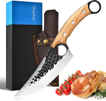 ZhengSheng Forged Viking Kitchen Knife with Olive Wood Grip & Protective Leather Sheath, Perfect for Home Cooking, Camping and BBQ