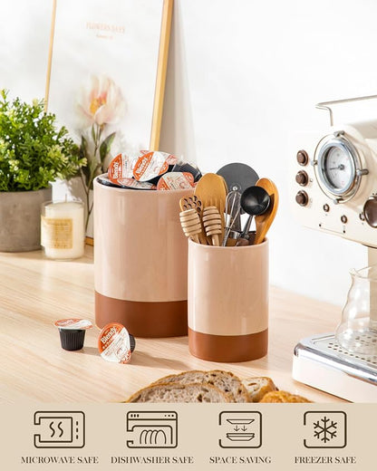 MALACASA Utensil Holder, 5.5" Ceramic Kitchen Utensil Holder for Countertop, Cooking Utensil Crock for Kitchen Counter, Farmhouse Utensil Organizer for Spatula & Spoon, Khaki Pink, Series TARA
