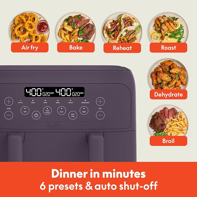bella 4 Qt TriZone Air Fryer, EverGood™ Ceramic Nonstick Coating, Dual Basket Design w Removable Divider, Digital Touchscreen Control w 6 Preset Cooking Options, 1200 Watt, 3lb Capacity, Plum