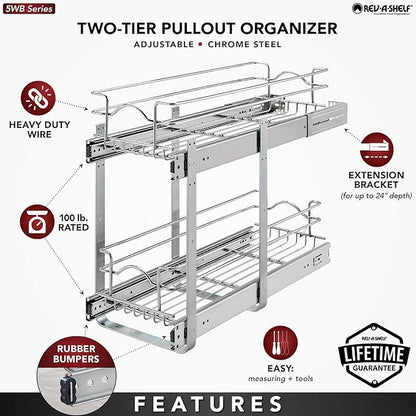 Rev-A-Shelf 2-Tier Pullout Shelf and Drawer Organizer for Kitchen Cabinets, Slide Out Storage Basket, Min Opening Width of 8.5", 9" x 22", 5WB2-0922CR-1