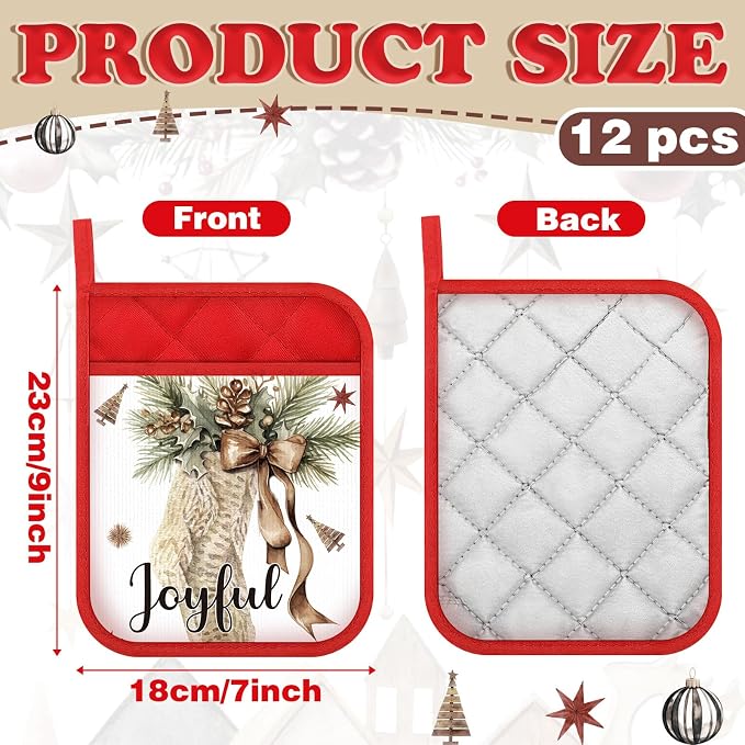 Roshtia 12 Pcs Christmas Pot Holders with Pocket Neutral Xmas Farmhouse Pot Holders for Kitchen Winter Hot Pads Oven Mitts Cookie Bag Cute Heat Resistant Oven Gloves for Kitchen Gift Baking Cooking