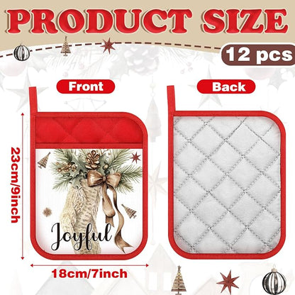 Roshtia 12 Pcs Christmas Pot Holders with Pocket Neutral Xmas Farmhouse Pot Holders for Kitchen Winter Hot Pads Oven Mitts Cookie Bag Cute Heat Resistant Oven Gloves for Kitchen Gift Baking Cooking