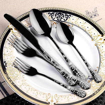 40-Piece Black Skull Silverware Set for 8, Flatware Set Stainless Steel Spoons,Forks,Knife Pattern Unique Design Utensil Sets Tableware Cutlery, Mirror Polished, Dishwasher Safe