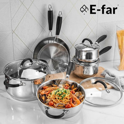 E-far Stainless Steel Cookware Set - Induction Tri-Ply Base Pots and Pans, 10-Piece Non-Toxic Kitchen Cooking Set w/Stay-Cool Handle, Frying Pans, Saucepans, Stockpot with lid, Oven & Dishwasher Safe