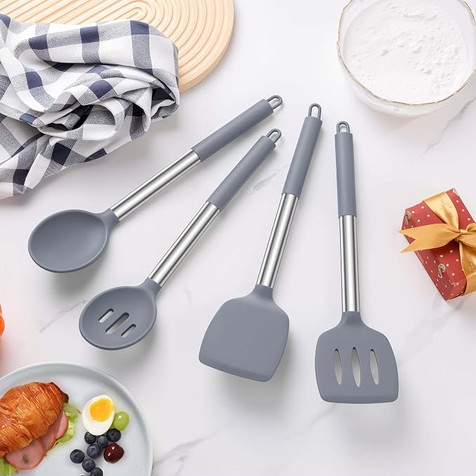 LIANYU Silicone Cooking Utensil Set, 4Pcs Heat Resistant Kitchen Utensils Set, Non-stick Stainless Steel Handle Spatula Tools, Dishwasher Safe, Grey