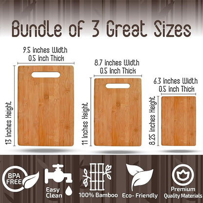 Bamboo Cutting Boards for Kitchen - Set of 3 Wood Cutting Boards with Handle, Large Medium Small Chopping Boards for Meat Vegetables Fruit Cheese Bread, Knife Friendly Serving Tray, Natural by Bambüsi