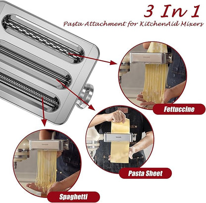 All Metal Pasta Maker Attachment for KitchenAid, 3 In 1 Pasta Attachment for Kitchen Aid Stand Mixer, 8 Gears Adjustable Pasta Roller Attachment for Fettuccine Linguine Pasta Sheets.