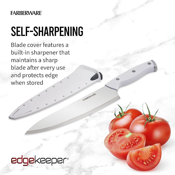 Farberware Edgekeeper Triple Riveted Chef Knife with Self-Sharpening Blade Cover, High Carbon-Stainless Steel Kitchen Knife with Ergonomic Handle, Razor-Sharp Knife, 8 Inch, White