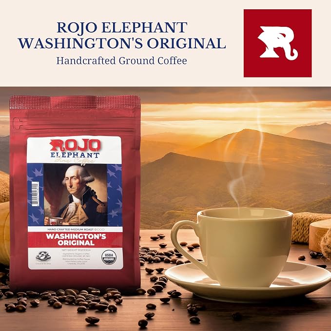 Rojo Elephant Caffeinated Ground Coffee, Single Origin Arabica Beans, Naturally Low Acid, Premium Ground Coffee (11 oz Bag) (Medium Roast - Washington's Original)