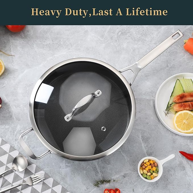 Yeksum 7 Quarts Saute Pan with Lids, Nonstick 12 Inch Deep Frying Pan, Tri-Ply Large Skillet with Lid with Stay Cool Handle, Dishwasher, Metal Utensil Safe, Suit for All Stove Up to 600℉ Compatible