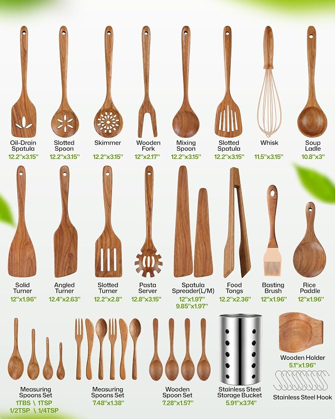 AIUHI Wooden Kitchen Utensil Set, Complete 33-Piece Wooden Cooking Utensil Set with Spoons, Spatulas, Measuring Tools & Storage, Non-Stick Safe Wooden Utensils for Kitchen