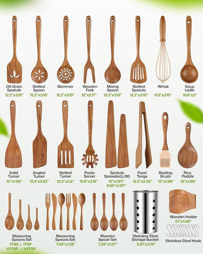 AIUHI Wooden Kitchen Utensil Set, Complete 33-Piece Wooden Cooking Utensil Set with Spoons, Spatulas, Measuring Tools & Storage, Non-Stick Safe Wooden Utensils for Kitchen