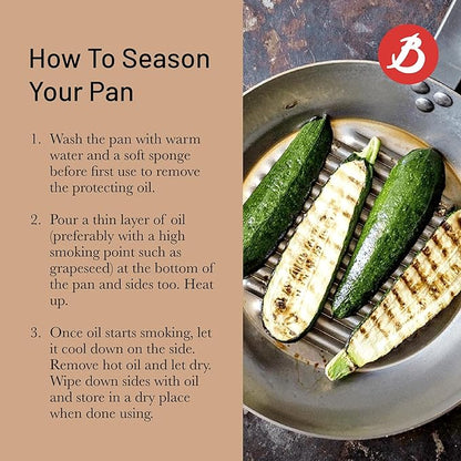 de Buyer MINERAL B Carbon Steel Grill Pan - 10.25” Diameter - Ideal for Grilling & Browning Meat - Naturally Non-Stick Finish - Made in France