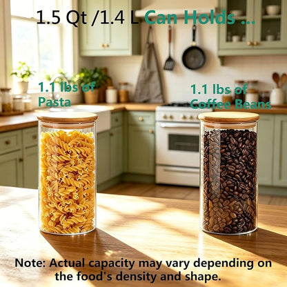 VIEWELLD 1.5 Qt Round Glass Storage Containers with Lids, Clear Food Storage Container Jar with Sealing Bamboo Lid for Noodles Flour Cereal Rice Sugar Tea Coffee Beans, Round Set of 3