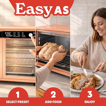 Gourmia French Door Air Fryer Oven - 37 Qt Large Capacity Convection Toaster Oven, FryForce 360°, Digital Display, 12 Cooking Presets, Dehydrate, Fits 13” Pizza, Dishwasher-Safe, Peach