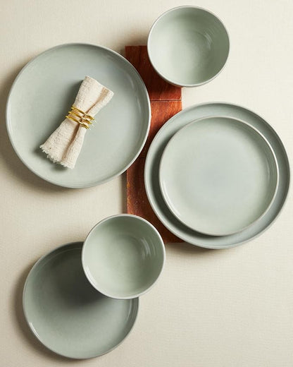 Pokini 24 Piece Dinnerware Set for 8, Santorini Mist Terracotta Plates and Bowls Sets, Complete Stoneware Dish Set for Large Families and Entertaining, Microwave & Dishwasher Safe, Slate Green