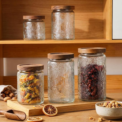 Suclain 5 Pcs Sunflower Vintage Glass Jars with Bamboo Airtight Lid 17/24/34 oz Glass Food Containers Storage for Kitchen Counter Pantry Sugar Flour Coffee Tea Candy Oats Cereal(Round)