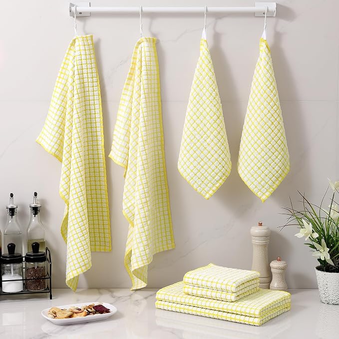 Homaxy Kitchen Towels and Dishcloths Set, 16 x 25 and 12 x 12 Inches, Set of 12 Cotton Terry Kitchen Dish Towels, Super Soft and Absorbent Dish Cloths, Yellow
