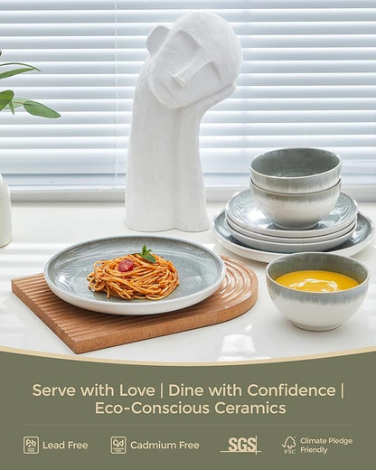Pokini 24 Piece Dinnerware Sets for 8, Modern Stoneware Plates and Bowls Sets, Perfect for Family Gatherings & Holiday Celebrations, Easy Cleaning Dishes, Stack Compactly Plate Set, Gradient Green