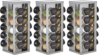 Kamenstein 20 Jar Heritage Revolving Countertop Spice Rack Organizer with Spices Included, FREE Spice Refills for 5 years, Brushed Stainless Steel with Black Caps (Pack of 3)