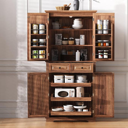 71.2" Tall Kitchen Pantry Cabinet with 3 Pull Out Cabinets Organizer, Farmhouse Embossed Texture Storage Cabinet with 6 Door Shelves, 2 Drawers, Brown Freestanding Cupboard for Kitchen, Dining Room
