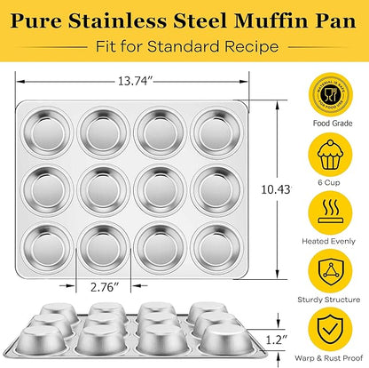 Homikit 3 Pack Muffin Pan, Stainless Steel Cupcake Tin with 12 Cups Regular Size, 13.8" x 10.4" Nonstick Metal Egg Bites Tray for Oven Baking, Non Toxic & Rust Free, Easy Release & Dishwasher Safe