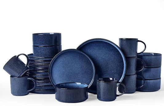 Famiware Star 24-Piece Stoneware Dinnerware Sets, Service for 6 - Reactive Glaze Mugs, Plates and Bowls, Dishes for Everyday/Formal Use, Chip/Scratch Resistant, Microwave/Dishwasher Safe, Nebulas Blue