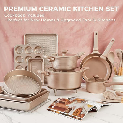 HONGBAKE Pots and Pans Set Nonstick, 26 Pcs All-in-One Kitchen Starter Set with Cookware, Bakeware & Silicone Utensils, Non Toxic Ceramic Coating, Induction & Oven Safe, PFOA PFOS Free, Gold