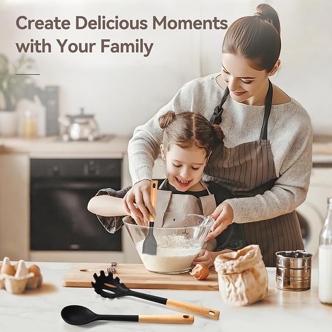 NCUE Kitchen Utensils Set, Large Non-stick Silicone Cooking Utensils Set 6 Pcs, Wooden Handle Heat Resistance Silicone Spatula Soup Ladle Pasta Server Kitchen Gadgets Utensils Set BPA Free (Black)