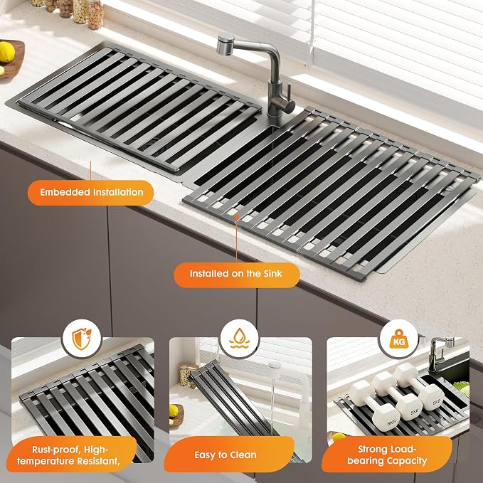 Foldable Over Sink Dish Drying Rack, Extra Wide & Thick Rust-Proof Aluminum Sink Cover for Counter Space, Collapsible Dish Drying Rack Fits Most Kitchen Sinks (Gray, 17.7“x13.6)