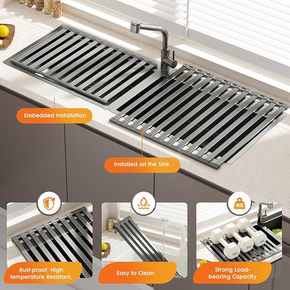 Foldable Over Sink Dish Drying Rack, Extra Wide & Thick Rust-Proof Aluminum Sink Cover for Counter Space, Collapsible Dish Drying Rack Fits Most Kitchen Sinks (Gray, 17.7“x13.6)