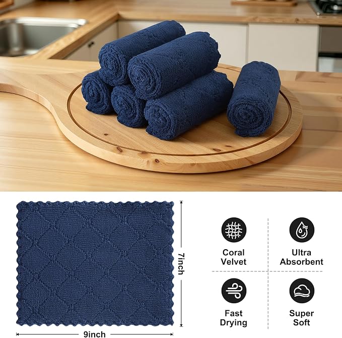 Homaxy 18 Pack Kitchen Cloths Dish Towels (7" x 9", Navy Blue), Super Soft and Absorbent Coral Velvet Dishcloths, Fast Drying No Lint Microfiber Cleaning Rags