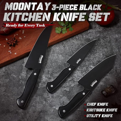 Huusk Japanese Chef Knife Set for Kitchen - 3 pcs Black Kitchen Knife Set with Titanium Coating, Stainless Cutting Knives Sets, Professional Cooking Knives for Vegetable Fruit Meat, Christmas Gift Men