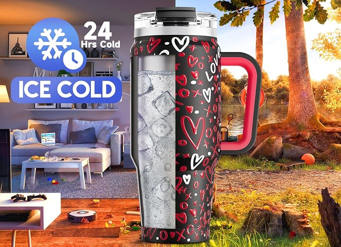 Meoky 32 oz Tumbler with Handle, Insulated Tumbler with Lid and Straw, Stainless Steel Travel Mug, Keeps Cold for 24 Hours, 100% Leak Proof, Fits in Car Cup Holder (Romance)
