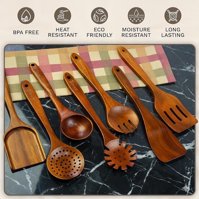 7Pcs Wooden Kitchen Utensil Set, Premium Natural Acacia Wood Cooking Utensils for Nonstick Cookware, Spoon Spatula Turner Ladle Skimmer Pasta Server, BPA Free