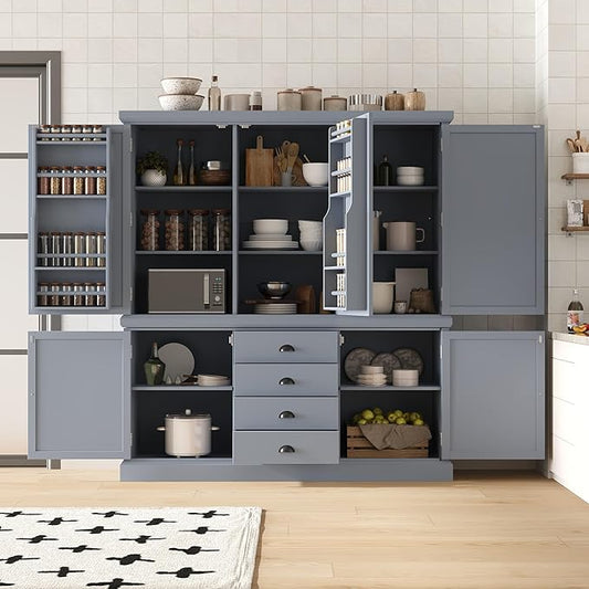 VilroCaz Freestanding Large Kitchen Pantry, Wooden Kitchen Organizers and Storage Cabinet with 4 Drawers, Cupboard, 5 Doors, Adjustable Shelves for Dining Room (Gray-3.15)