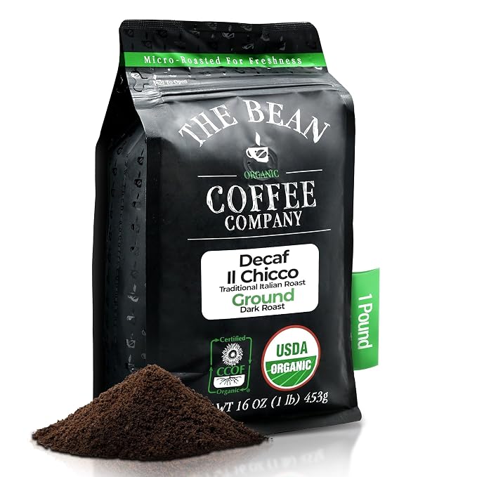 The Bean Organic Coffee Company Water Processed DECAF IL Chicco (Traditional Italian Roast), Dark Roast, Ground Coffee, 16-Ounce Bag, Café Molido Tostado Orgánico descafeinado