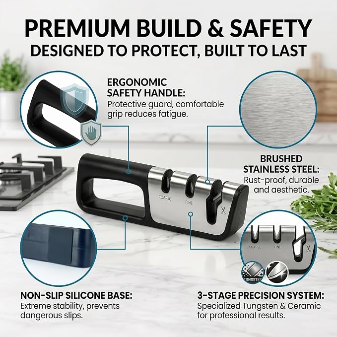 Premium 3-in-1 Knife and Scissors Sharpener, Professional Manual Kitchen Blade Sharpening Tool with Tungsten Ceramic Diamond Abrasives, Ergonomic Handle, Black
