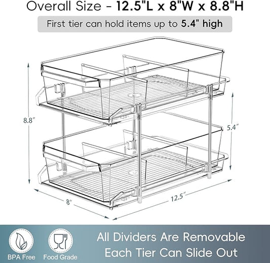 2 Tier Clear Organizer with Dividers for Cabinet, Shlef, Counter - MultiUse Slide-Out Storage Container - Kitchen, Pantry, Medicine Cupboard Bins, Bathroom, Vanity Makeup, Under Sink Organizing
