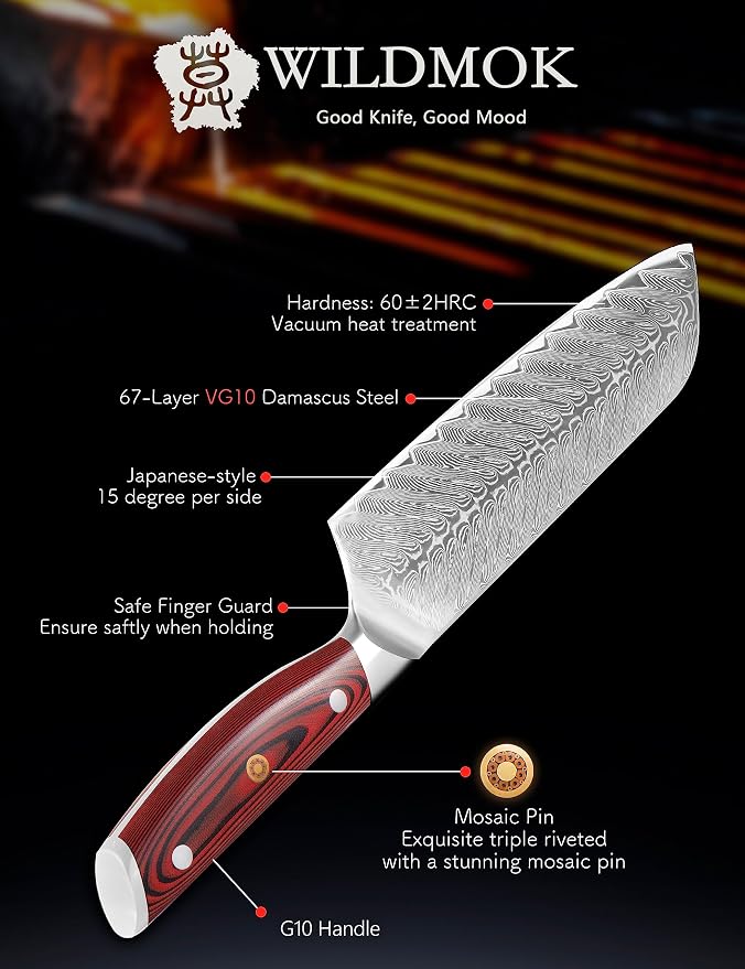 WILDMOK Damascus Santoku Knife, 7 Inch Sharp Professional Meat Vegetable Knife, Japanese Super VG10 Steel Multifunction Asian Knife with Full Tang G10 Handle-Song Series