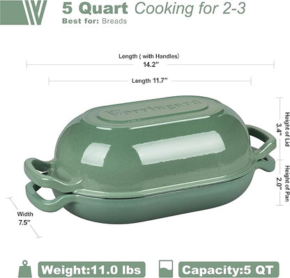 VORRINGARD Enameled Cast Iron Sourdough Bread Oven, Dutch Oven, Loaf Cast Iron Bread Pan for Homemade Bread Baking, Meatloaf Pan with Lid, 5QT, Sage Green