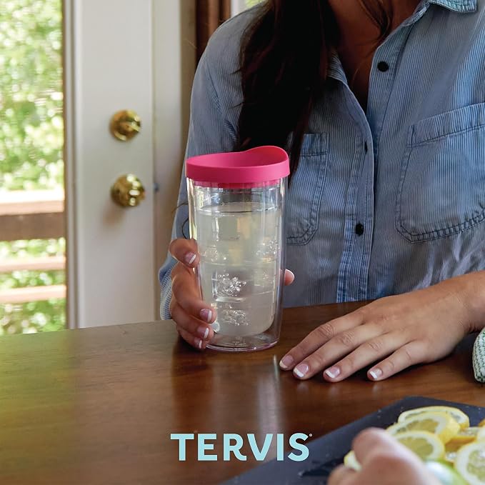 Tervis Clear & Colorful Lidded Made in USA Double Walled Insulated Tumbler Travel Cup Keeps Drinks Cold & Hot, 16oz, Orange Lid