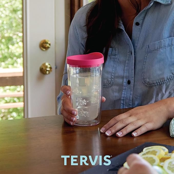 Tervis Clear & Colorful Lidded Made in USA Double Walled Insulated Tumbler Travel Cup Keeps Drinks Cold & Hot, 16oz, Fuchsia Lid