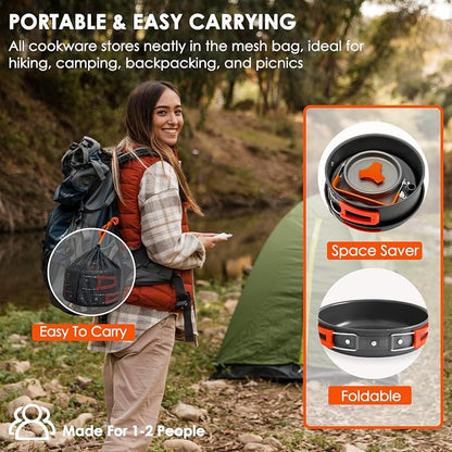 18Pcs Camping Cookware Mess Kit, Non-Stick Lightweight Camping Pots and Pans with 1.1L Kettle, 2 Set Stainless Steel Cups Plates Forks Knives Spoons for Backpacking, Hiking, Outdoor Cooking