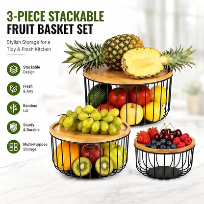 Stackable Fruit Basket for Kitchen Counter, 3-Piece Mesh Fruit Basket Set with Bamboo Lids, Large Decorative Produce & Vegetable Storage Organizer for Countertop