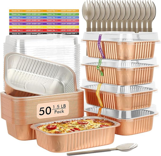 LNYZQUS 50 Pack 7” x 5” Small Aluminum Pans with Lids, 1.5lb Heavy Duty Foil Baking Tins To Go Containers,Individual Leftover Containers Baked Food Holders Boxes for Oven Grill-Champagne