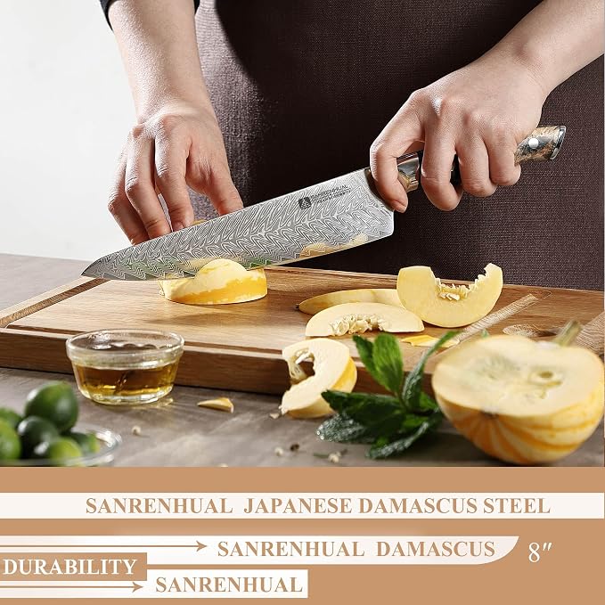 Classic Damascus Chef's Knife 8”, Thin, Light Super Sharp Kitchen Knife, Japanese Damascus Kitchen Knife for All-Around Food Preparation, Professional Resin Handle Chef Knife