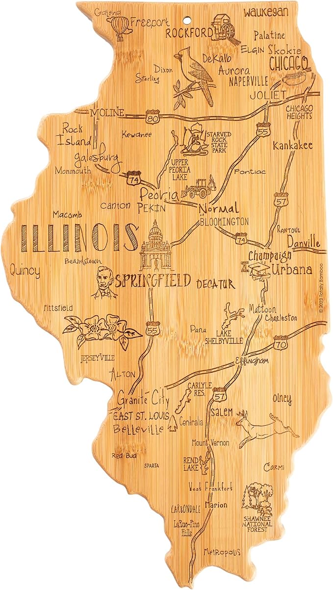 Totally Bamboo Destination Illinois Shaped Cutting Board – Bamboo Charcuterie and Serving Board with Hang Tie for Wall Display