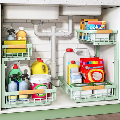 Kitstorack Under Sink Organizer, 2 Tier Under the Sink Storage, Slide out Pull out Cabinet Organizer Shelf, Metal Sliding Drawer for Kitchen Bathroom Pantry Closet Organization Rack, Green, 2 Pack