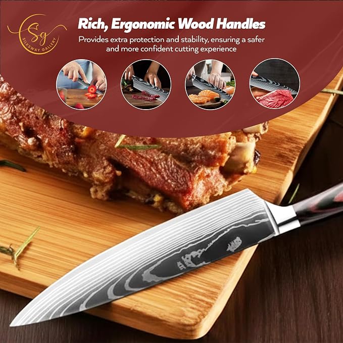 SG Silksway Gallery 10 PCS German Knife, High Carbon Stainless Steel Knife Set with Pakka Wood Handle, Built-in Sharpener, Chef Knife (10 PCS KNIFE SET)